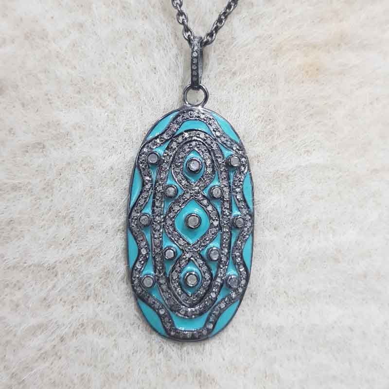 Two Tone Pave Diamond Fancy Designer Oval Shaped Enamel Pendent