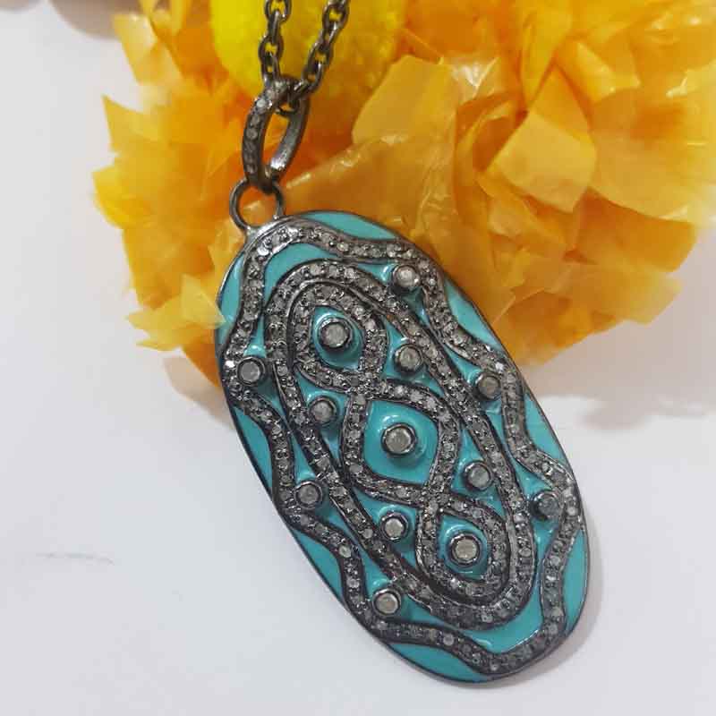 Two Tone Pave Diamond Fancy Designer Oval Shaped Enamel Pendent