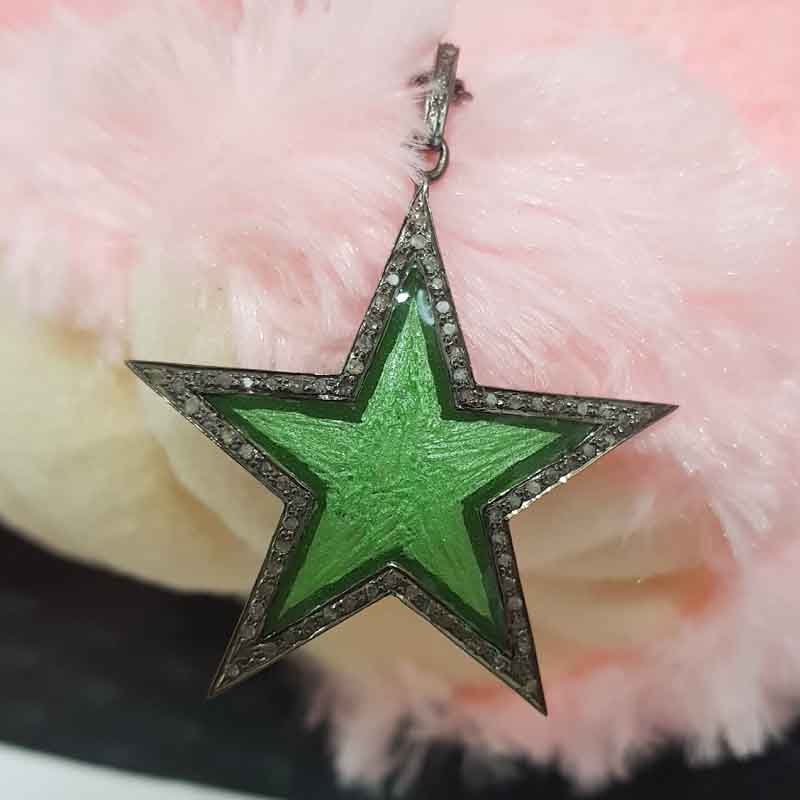 Stylish Pave Diamond Green Enamel Star Pendent