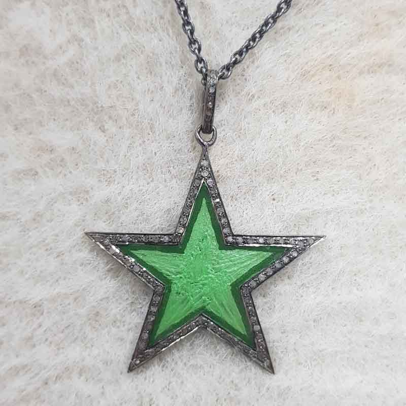 Stylish Pave Diamond Green Enamel Star Pendent