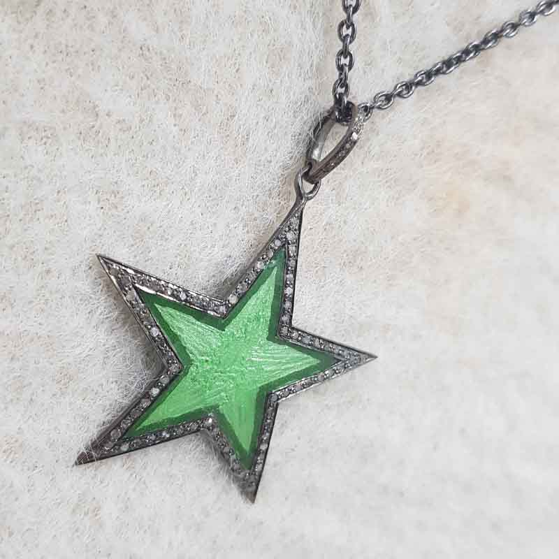 Stylish Pave Diamond Green Enamel Star Pendent