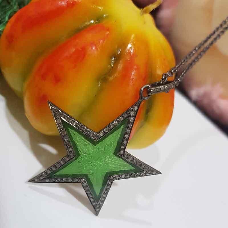 Stylish Pave Diamond Green Enamel Star Pendent