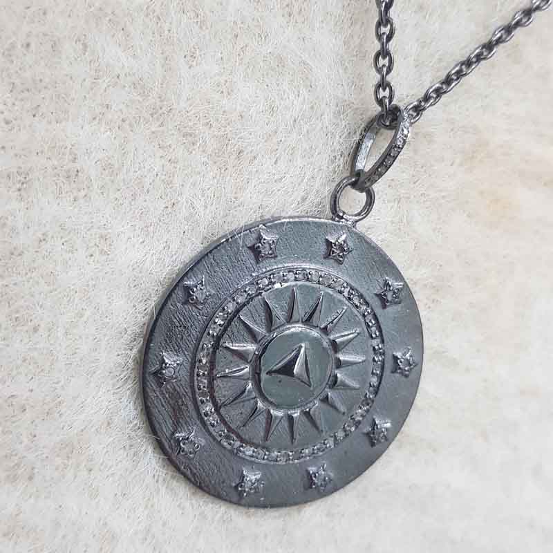 Round Disk With Pave Diamond Stars Silver Pendent