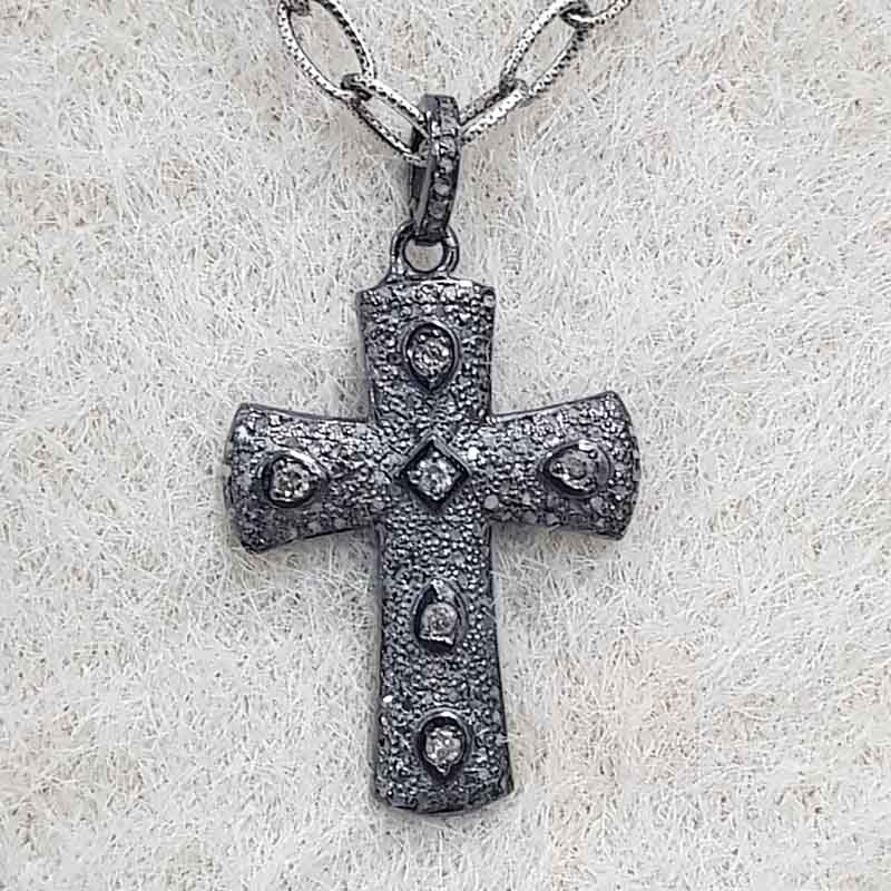 Small Cross Designer Pendent With Two Tone Pave Diamond Layers