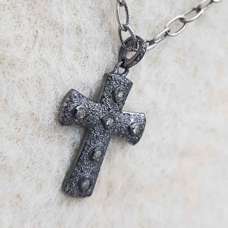 Small Cross Designer Pendent With Two Tone Pave Diamond Layers