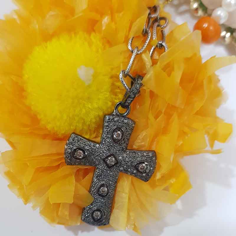 Small Cross Designer Pendent With Two Tone Pave Diamond Layers