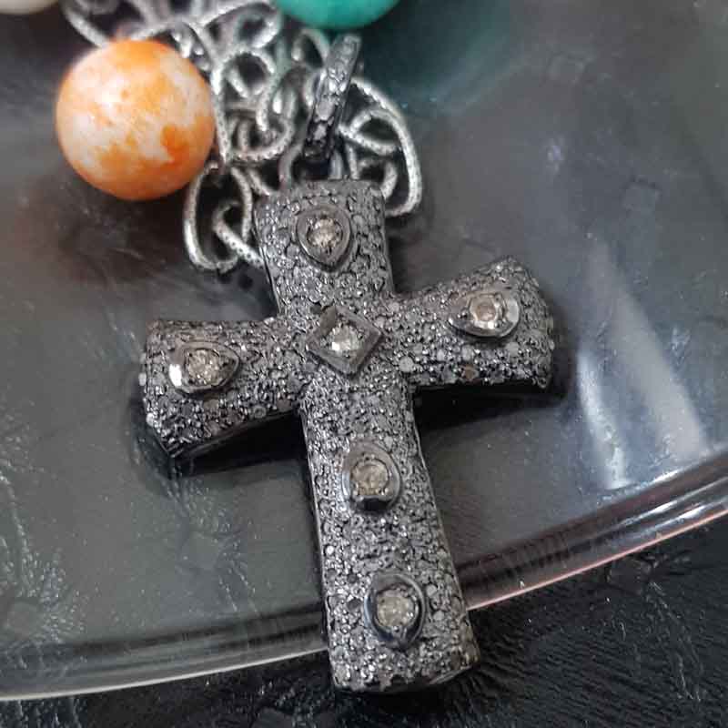 Small Cross Designer Pendent With Two Tone Pave Diamond Layers