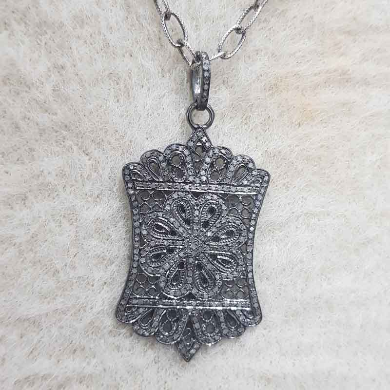 925 Sterling Silver Fancy Designer Pave Diamond Pendent