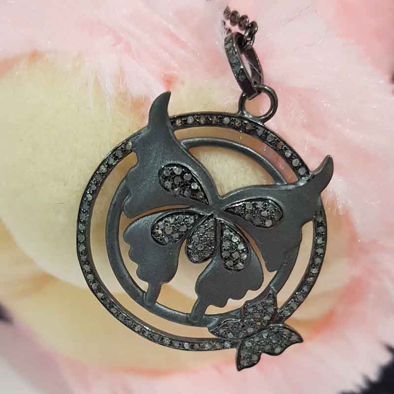 Matte Finish Designer Butterfly With 2 Circle Pave Diamond Pendent