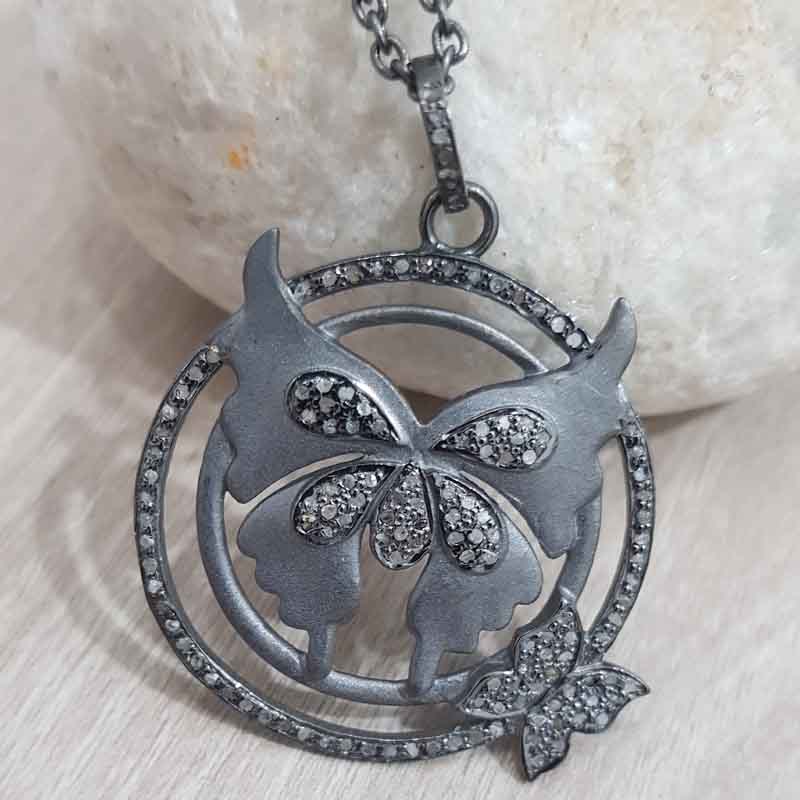 Matte Finish Designer Butterfly With 2 Circle Pave Diamond Pendent