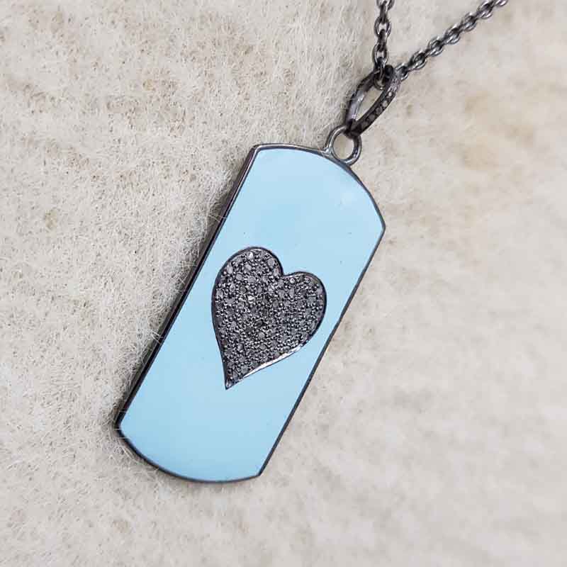 Turquoise Enamel Tag Designer With Pave Diamond Heart Pendent