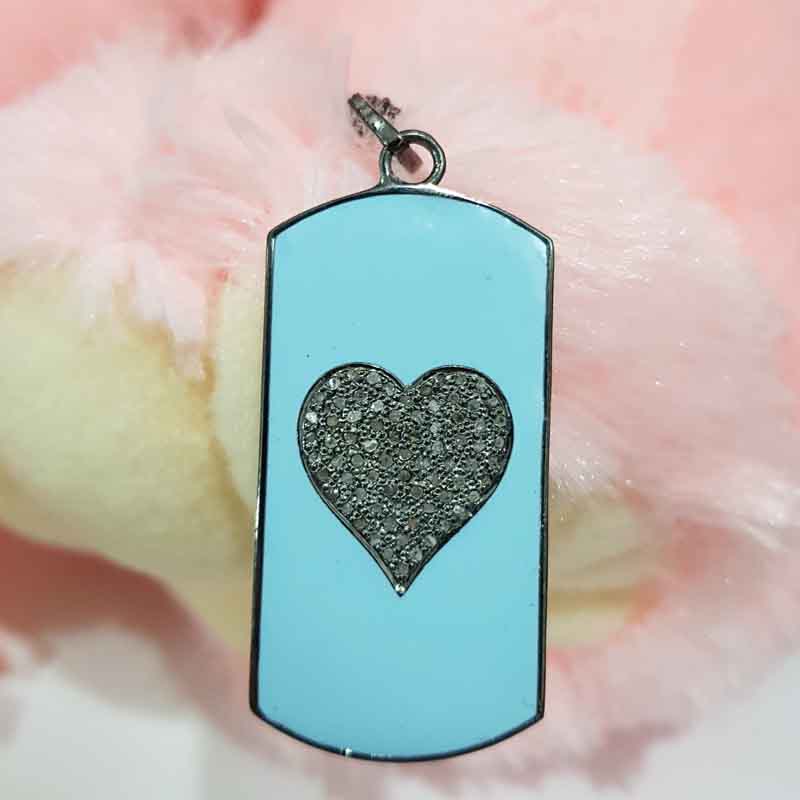 Turquoise Enamel Tag Designer With Pave Diamond Heart Pendent