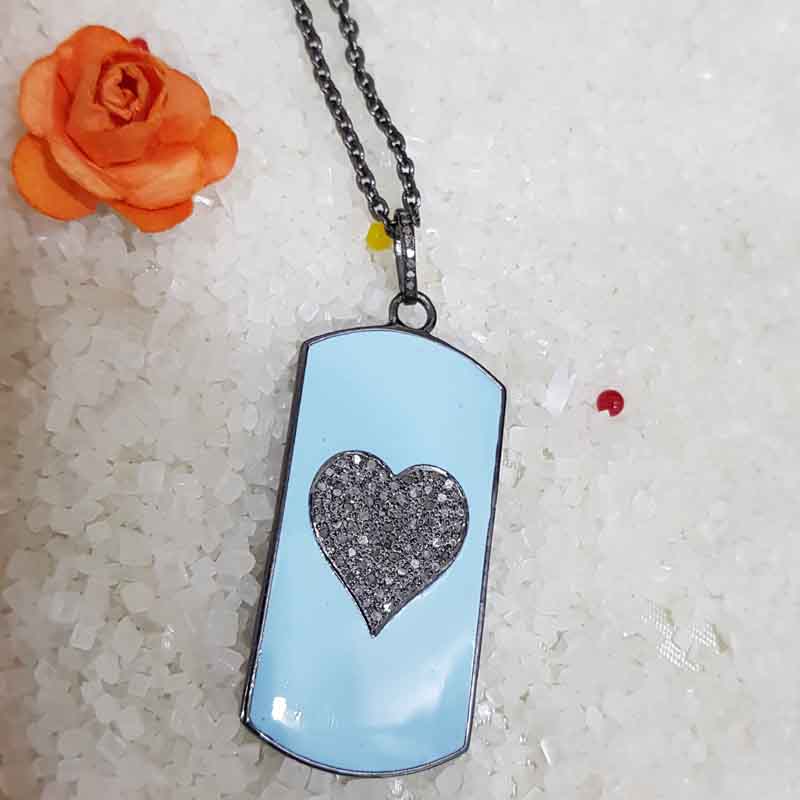 Turquoise Enamel Tag Designer With Pave Diamond Heart Pendent