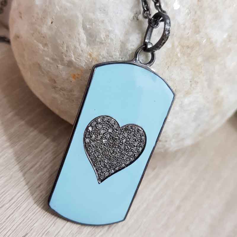 Turquoise Enamel Tag Designer With Pave Diamond Heart Pendent