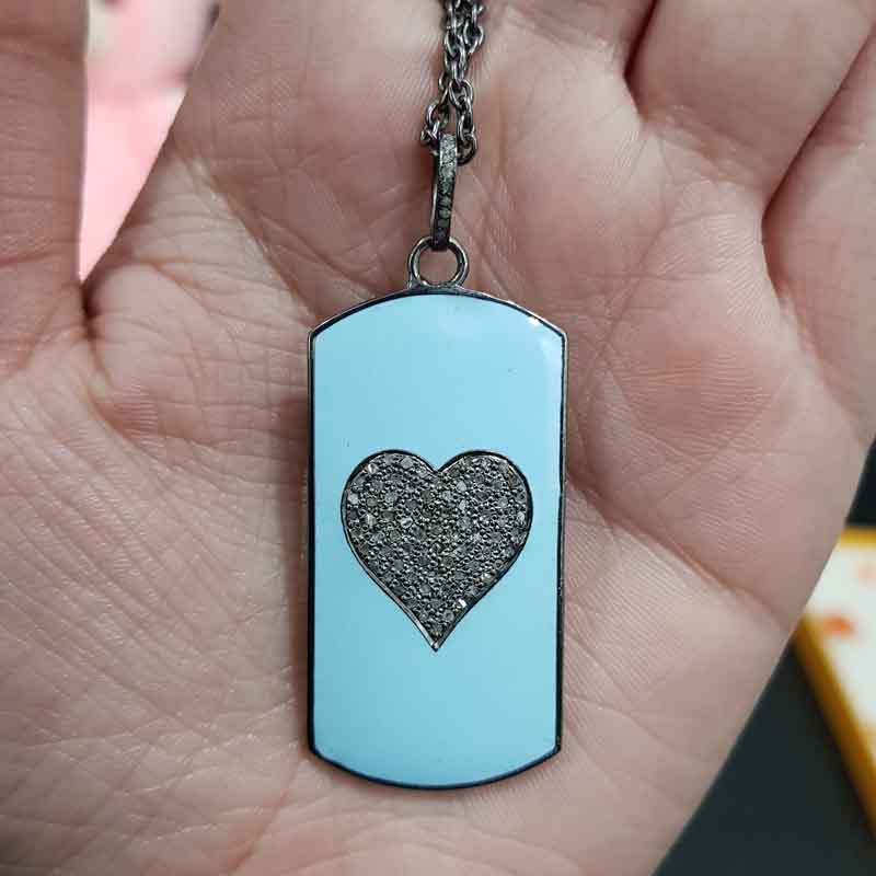 Turquoise Enamel Tag Designer With Pave Diamond Heart Pendent