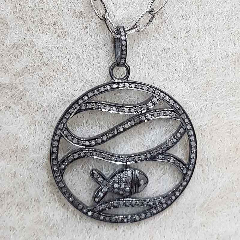 Antique Finish Designer Round With Little Fish Pave Diamond Silver Pendent