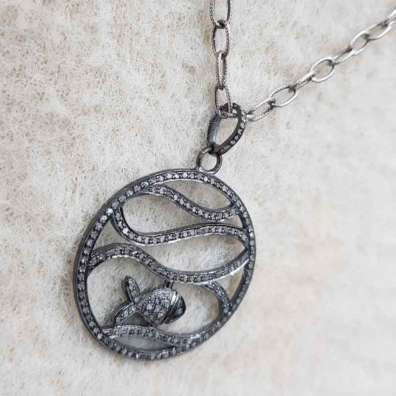 Antique Finish Designer Round With Little Fish Pave Diamond Silver Pendent