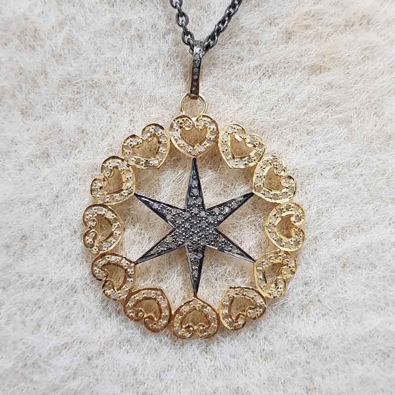 Unique Pave Diamond Flower Based Heart With Star Pendent