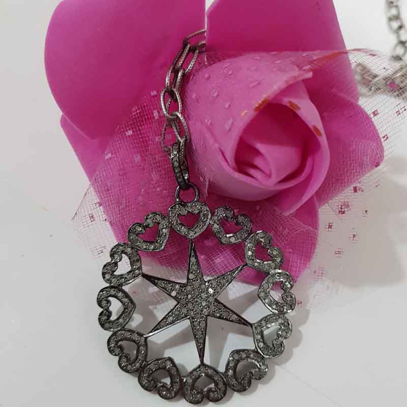 Unique Pave Diamond Flower Based Heart With Star Pendent