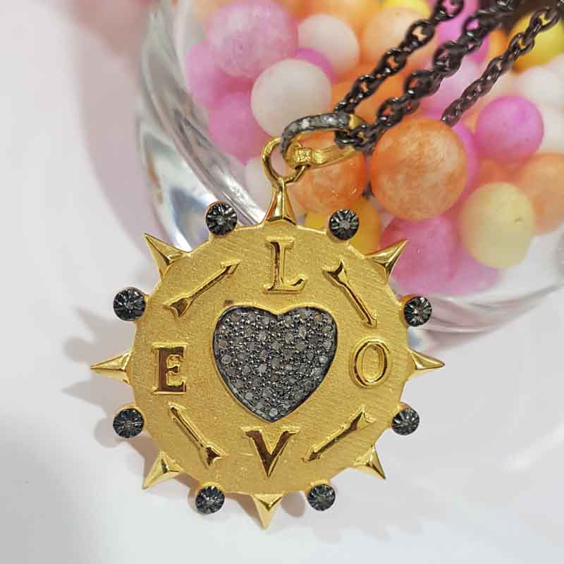 Round Disk Matte Finish With Love Designer Pave Diamond Pendent