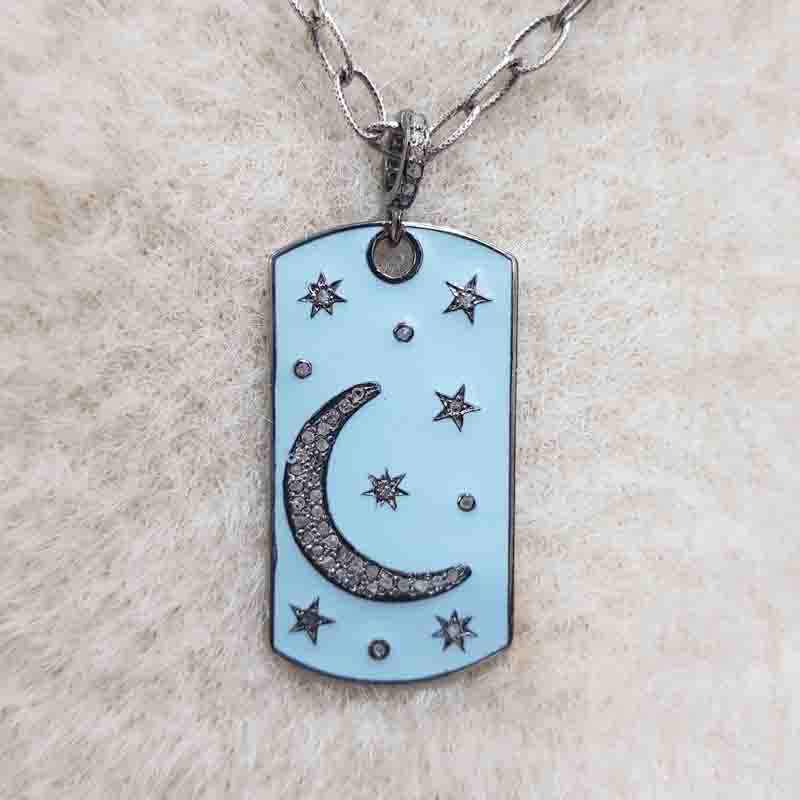 925 Sterling Silver Tag Pendent With Graceful Enamel Little Stars And Moon