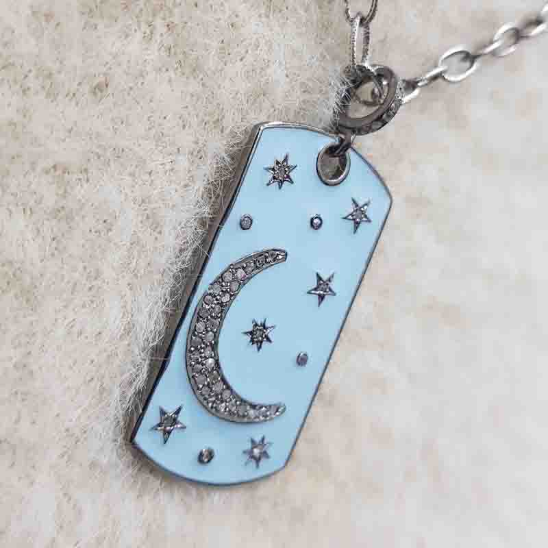 925 Sterling Silver Tag Pendent With Graceful Enamel Little Stars And Moon