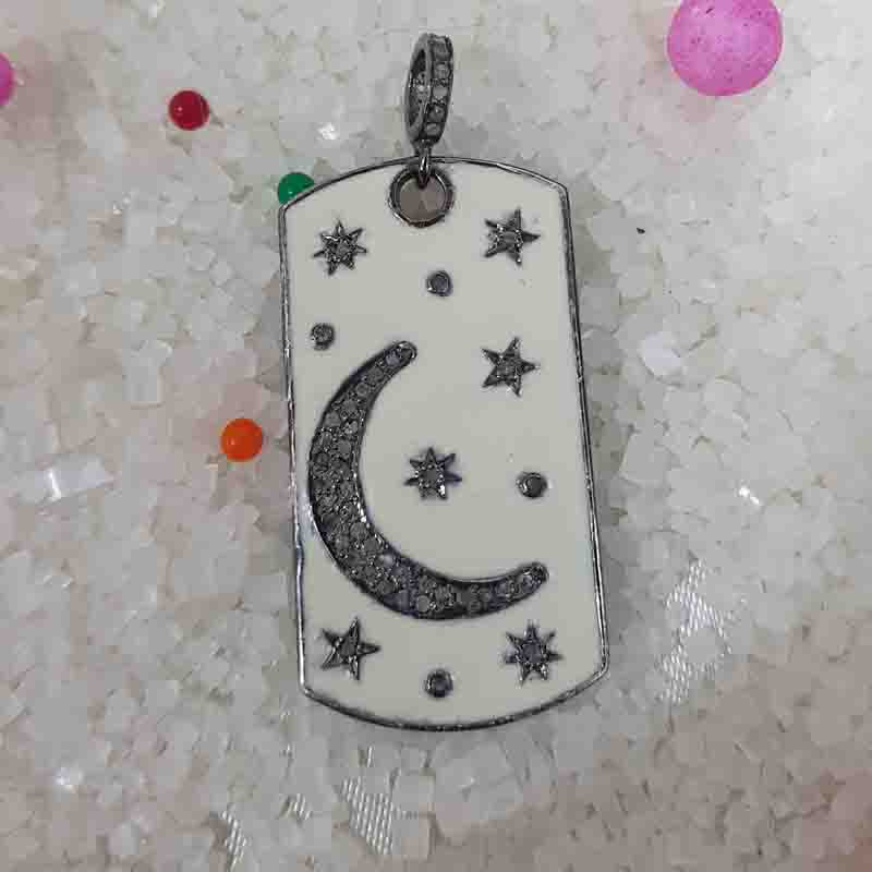 925 Sterling Silver Tag Pendent With Graceful Enamel Little Stars And Moon