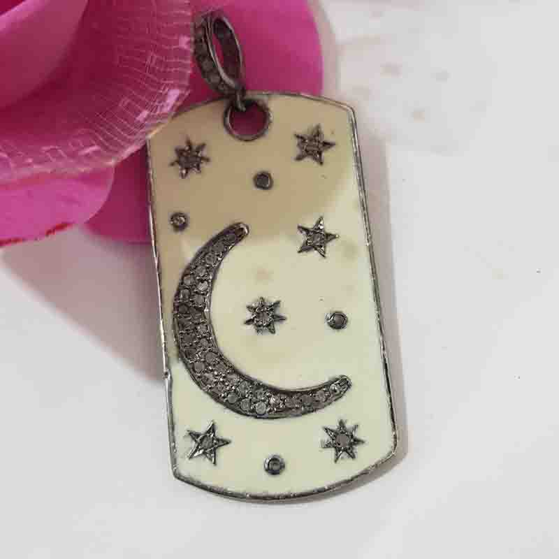 925 Sterling Silver Tag Pendent With Graceful Enamel Little Stars And Moon