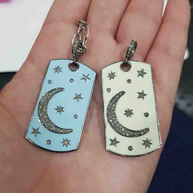 925 Sterling Silver Tag Pendent With Graceful Enamel Little Stars And Moon