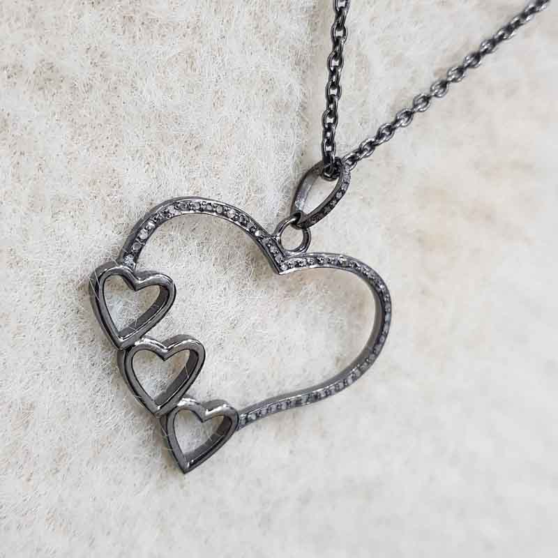 3 Joined Heart In Big Heart Pave Diamond Pendent