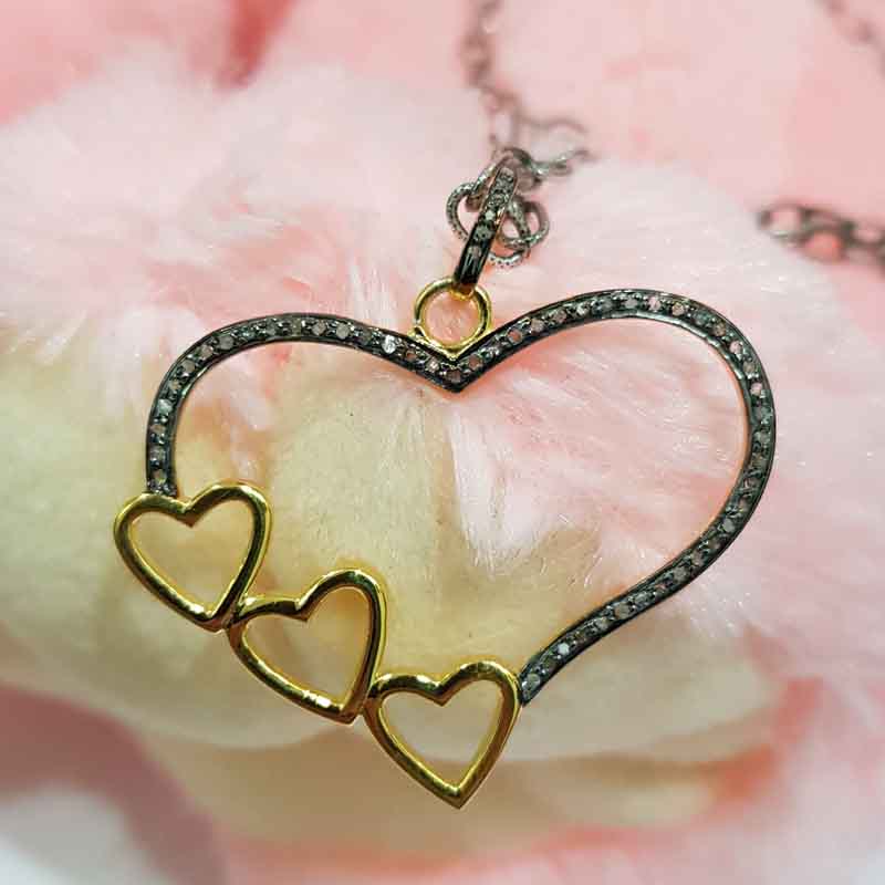 3 Joined Heart In Big Heart Pave Diamond Pendent