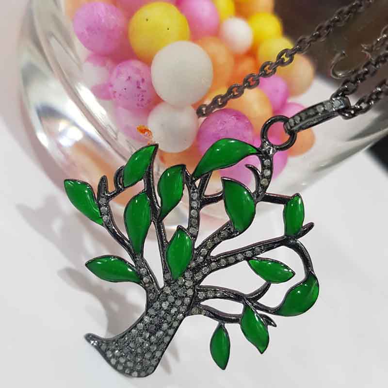 Glorious Green Enamel Tree Pendent With Pave Layers