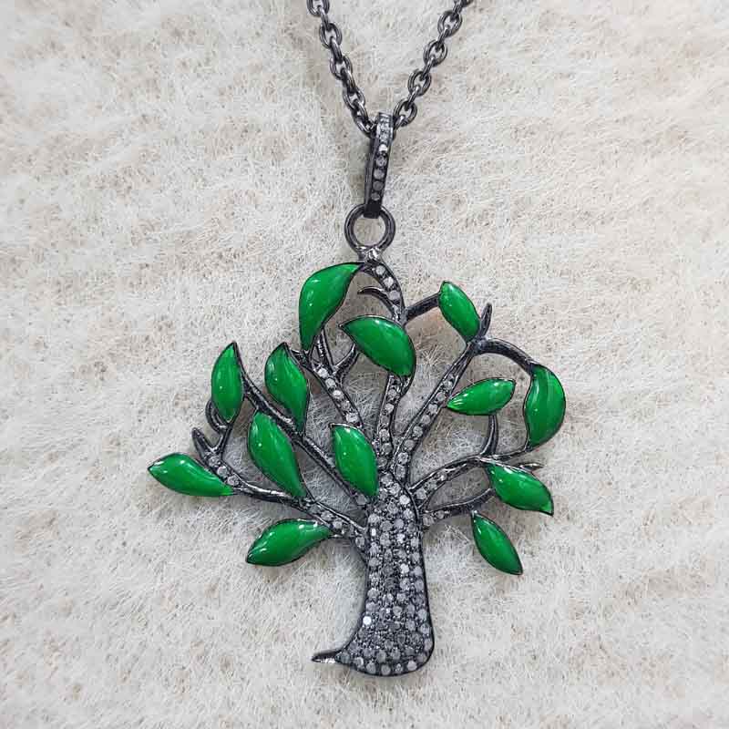 Glorious Green Enamel Tree Pendent With Pave Layers