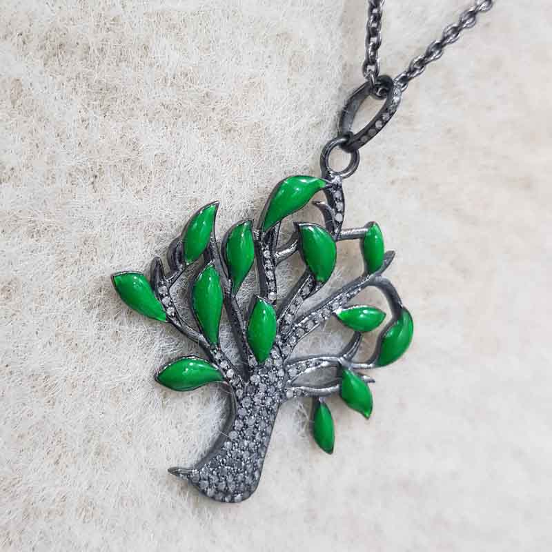 Glorious Green Enamel Tree Pendent With Pave Layers