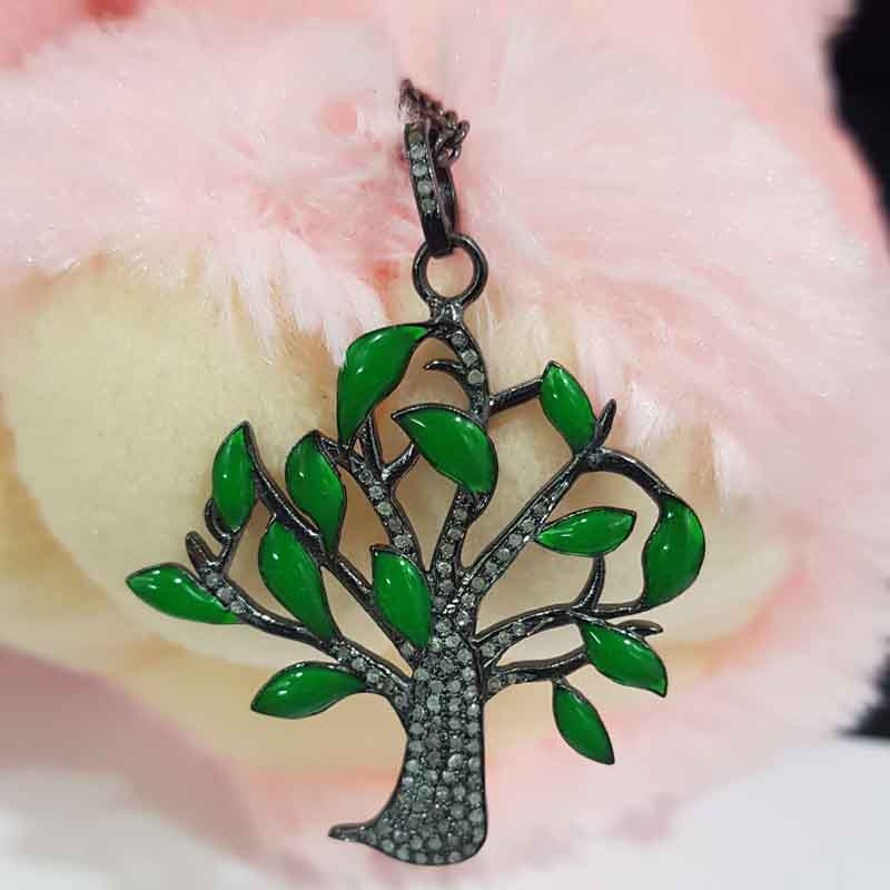 Glorious Green Enamel Tree Pendent With Pave Layers