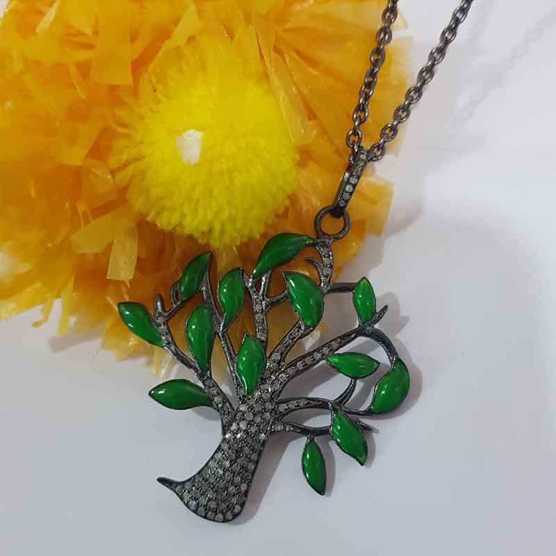 Glorious Green Enamel Tree Pendent With Pave Layers