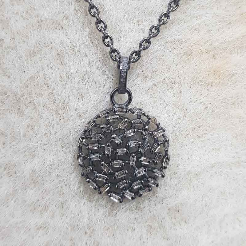 Baguette Stone And Pave Diamond Handmade Designer Small Round Pendent