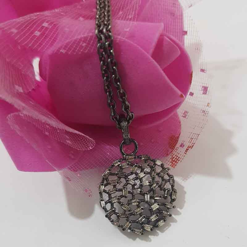 Baguette Stone And Pave Diamond Handmade Designer Small Round Pendent