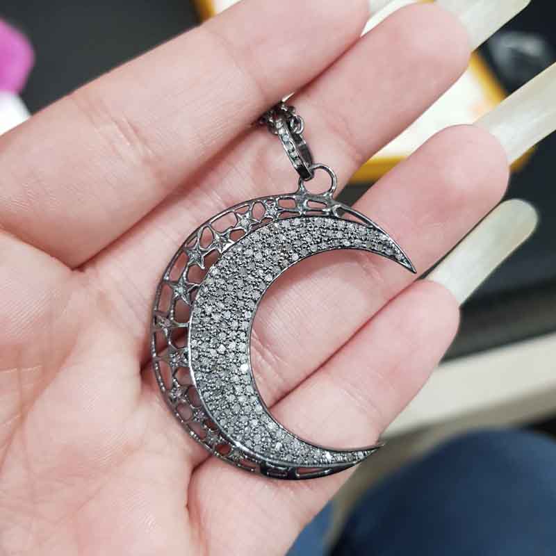 Natural Pave Diamond Moon Pendent