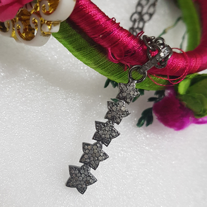 Attractive Natural Pave Diamond Star Lines Design Silver Pendent