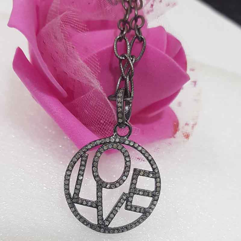 The Splendid Love Word Round Shape Design Pave Diamond Silver Pendent