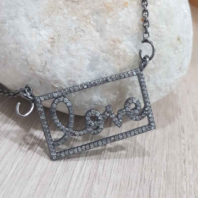 Handmade 925 Sterling Silver Pave Diamond Love Word Pendent