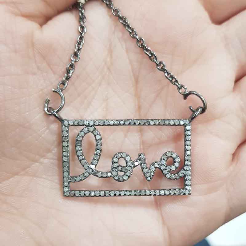 Handmade 925 Sterling Silver Pave Diamond Love Word Pendent