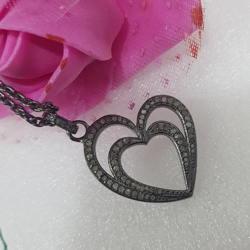 Handmade Two Heart Design With Pave Diamond Layers Silver Pendent