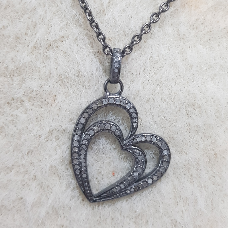 Handmade Two Heart Design With Pave Diamond Layers Silver Pendent