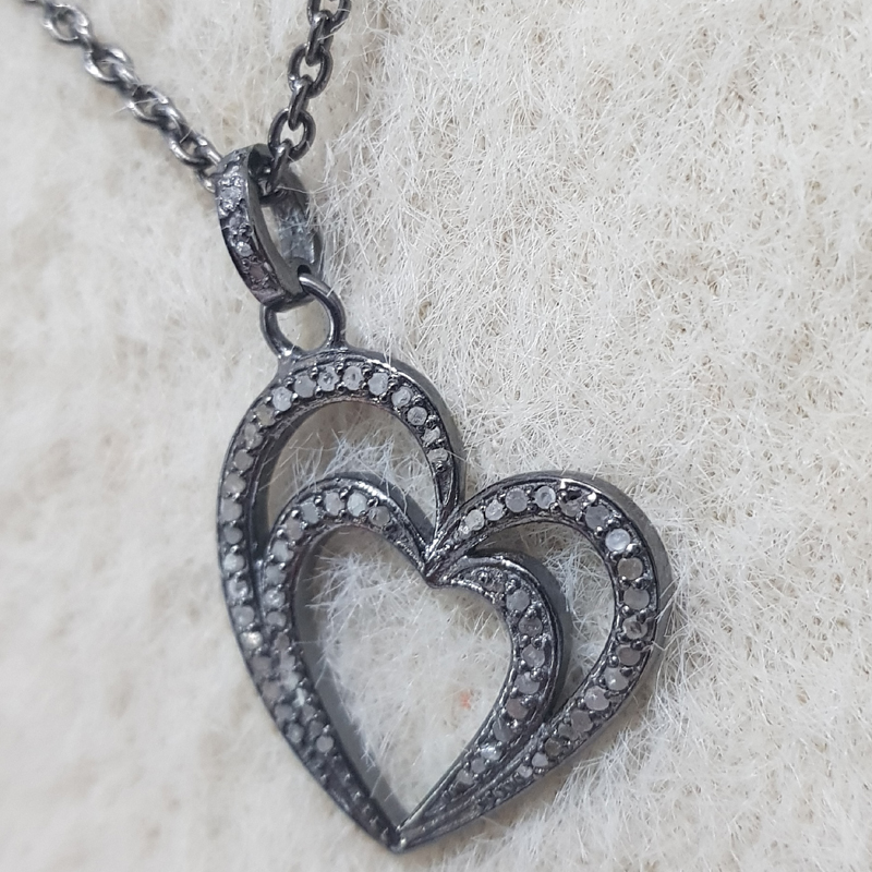 Handmade Two Heart Design With Pave Diamond Layers Silver Pendent