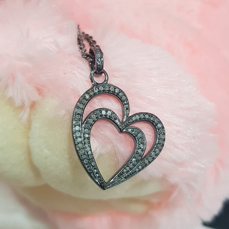 Handmade Two Heart Design With Pave Diamond Layers Silver Pendent