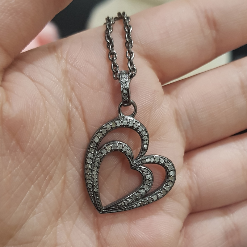 Handmade Two Heart Design With Pave Diamond Layers Silver Pendent