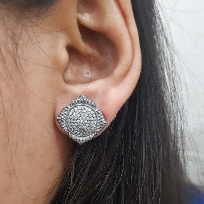 Yellow And Black Beautifully Designed Flower Stud With Pave Layers