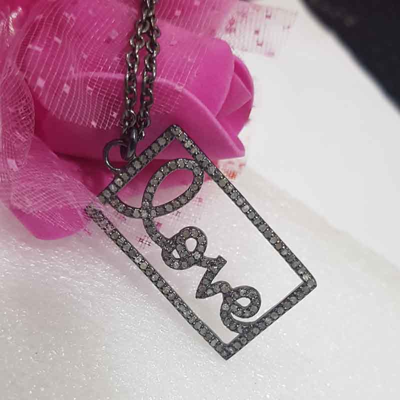 Gorgeous Handmade Love Word Designed Pave Diamond Silver Pendent